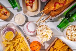 Traditional sport stadium foods and beer background