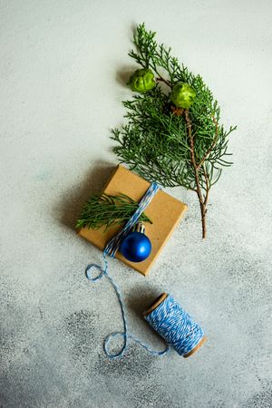 Top view of wrapped Christmas present with fir and blue string