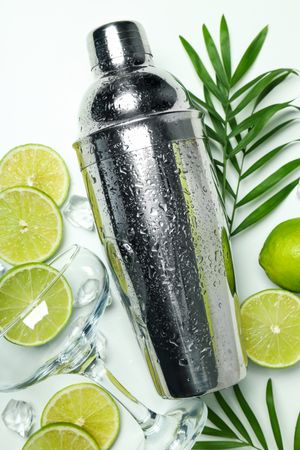 Concept of preparing cocktail, shaker, top view