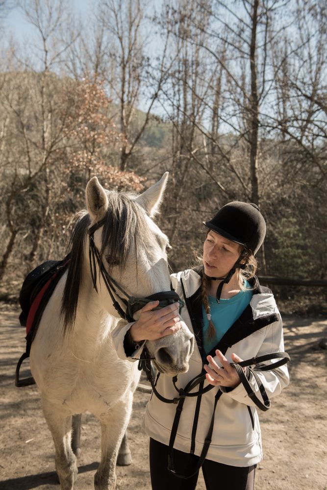 Woman taking care of horse