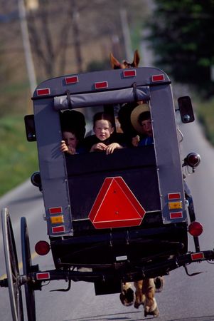 Amish children in back of modern horse drawn carriage, Lancaster, Pennsylvania