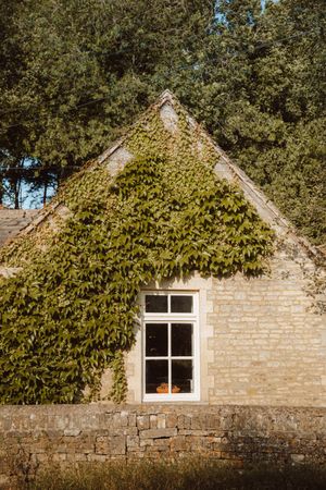 Old building with green foliage and gable roof