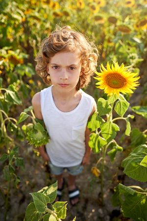 Serious boy in sunflower field