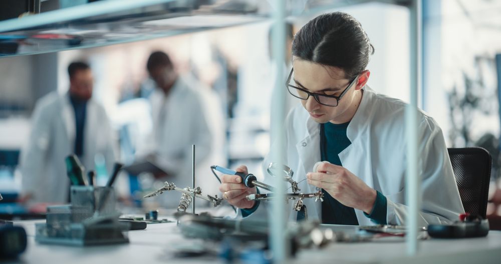 Male Specialist Soldering a Circuit Board While Team of Professionals Discuss Technological Project Strategy Using Laptop Computer.