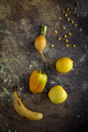 Mix of fruits and vegetables in yellow color