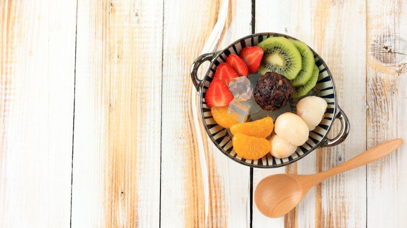 Mitsumame Mixture of Boiled Beans, Agar Cubes, Fruit Pieces,  and Syrup. Japanese Food Confectionery