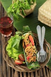 Steamed rice with stir fry spicy shredded chicken, vertical
