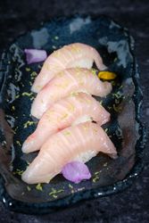 Sushi served in row on plate