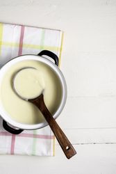 Pot with cream potato soup