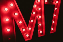 Luminous bulbs burning on red letters of sign