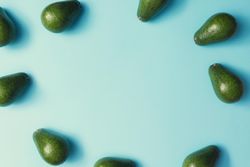 Whole avocado pattern bordering a pastel blue background