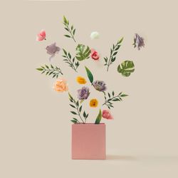 Spring flowers and leaves coming out of pink box