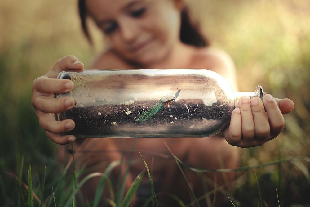 Girl sitting on green grass and holding a glass bottle with peacock in it