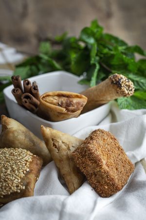 Typical Moroccan food on wooden table