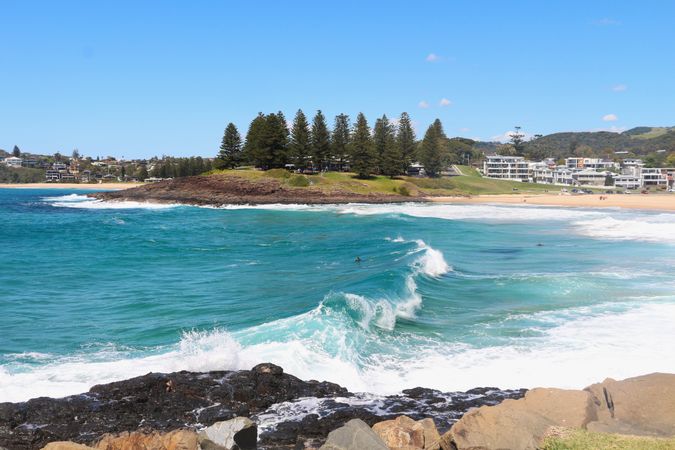 Beautiful coastal view with gentle waves and greenery in a sunny beach location during midday