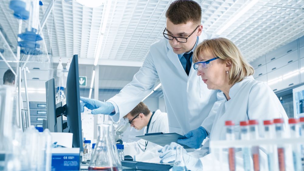 In Modern Laboratory Mature Female Scientist Has Discussion with Young Male Laboratory Assistant.