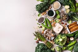 Healthy vegan, plant based protein source and body building food with copy space