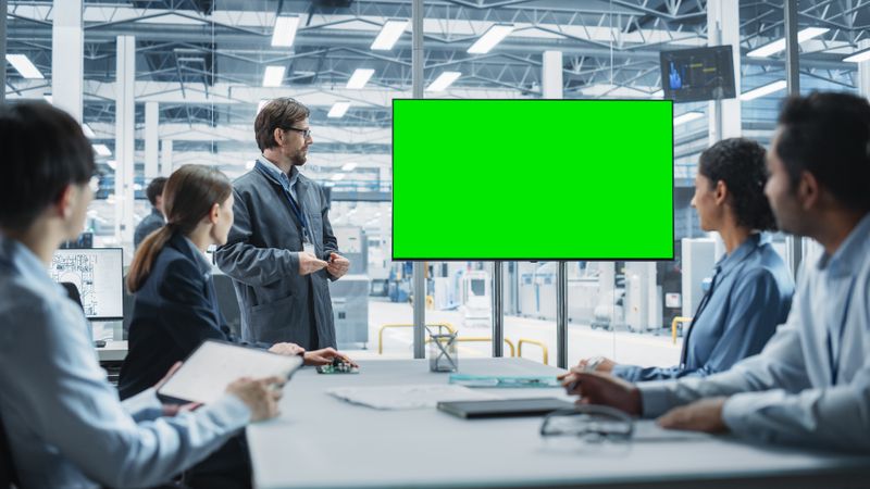 Electronics Factory Office Meeting: Engineer Giving Presentation On TV With Green Screen Chromakey On Display.