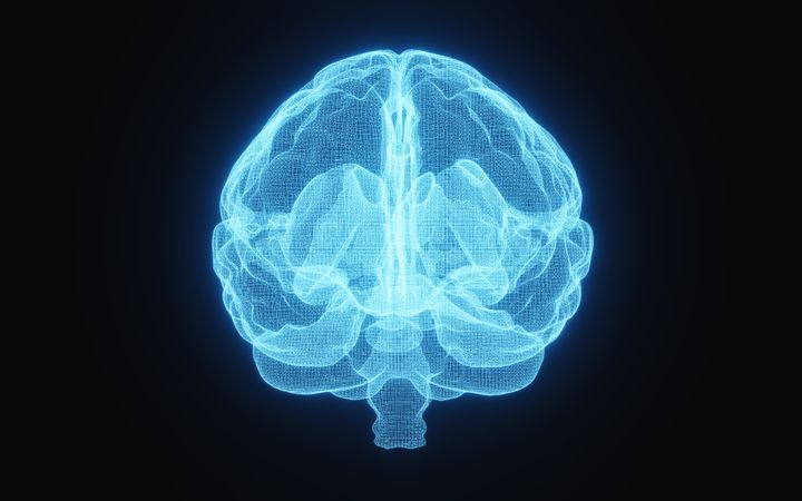Blue glowing X-ray image of human brain in blue wireframe on isolated on dark background