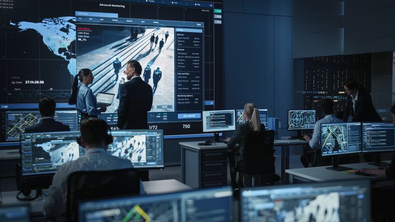 Cybersecurity Team Monitors Global Data in High-tech Control Room.
