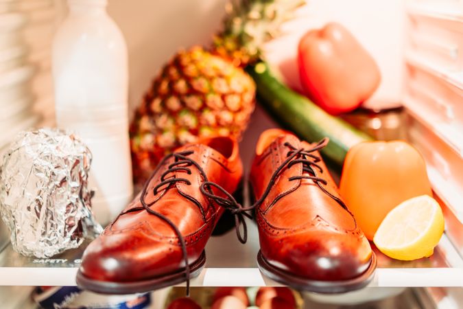 Shoes and food into a refrigerator for fools day