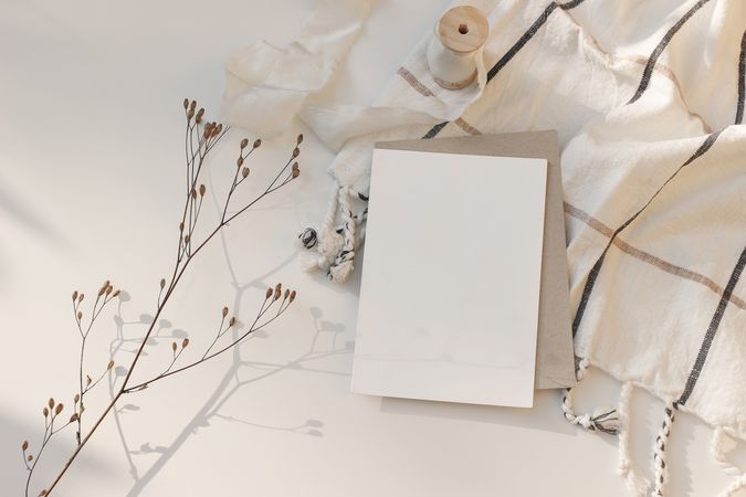 Blank greeting card with dry flower and craft paper envelope in sunlight
