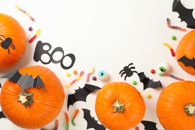 Concept of halloween with pumpkins on blank background, top view