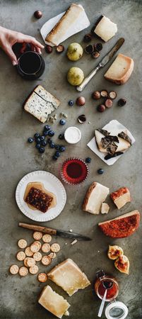 Wine snack variety, top view, narrow composition