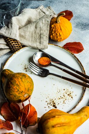 Autumn table setting with colorful leaves and gourds garnishing plate with space for text