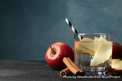 Sideview of glass of water with straw, apple slices and cinnamon slices with copy space 5zMek0