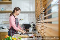 Asian woman in apron washing dishes in the kitchen 0JGG1K
