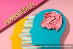 Flat lay of paper cut outs of colorful head on pink background with the word “Amnesia” 5l8GM5