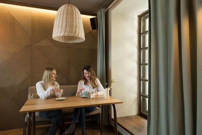 Couple of young women sitting at cafe together