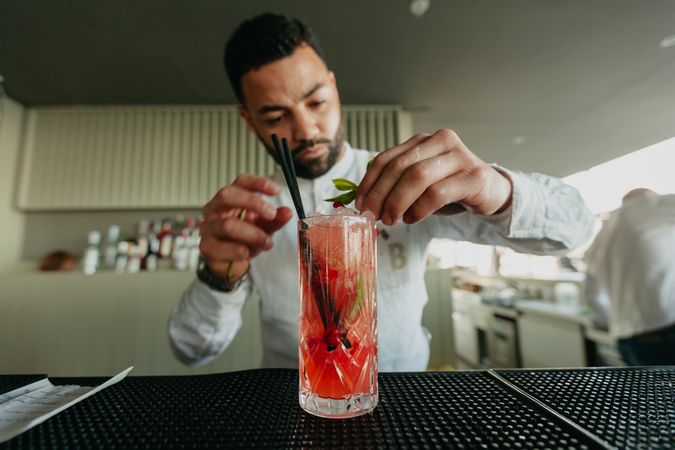 Cheerful Barman preparing alcoholic drinks in a bar.