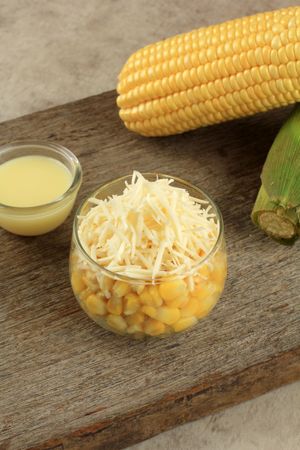 Indonesian sweet corn snack with condensed milk and cheese