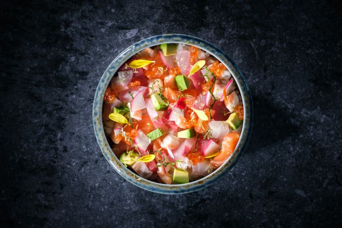 Exquisite seafood salad served in bowl