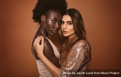 Portrait of two young women embracing on brown background 0VW6v5