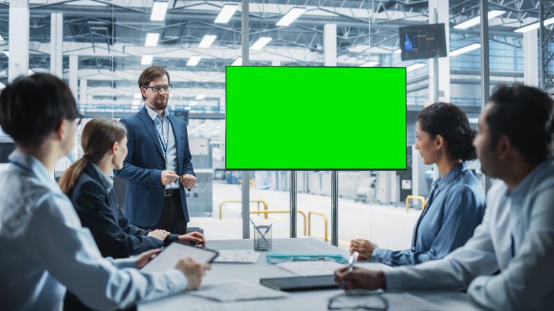 Electronics Factory Office Meeting: White Male Project Manager Presenting Innovative High-Tech Device On TV With Green Screen Chromakey.