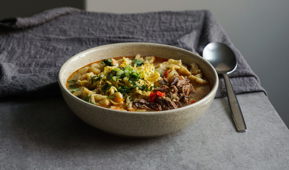 Manpar soup with pasta, traditional soup of  middle asia