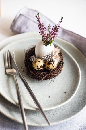 Easter spring card concept with eggs in decorative nest on plate