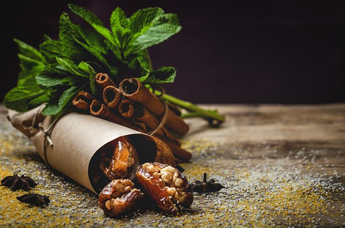 Dates fruits with walnuts, mint and cinnamon for Ramadan
