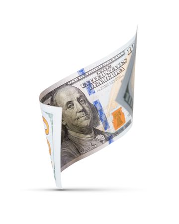One Hundred Dollar Bill Floating Down To Surface with Drop Shadow