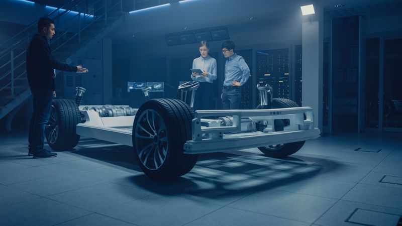 In Automotive Innovation Facility Concept Vehicle Frame Includes Tires, Suspension, Engine and Battery