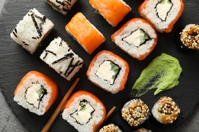 Delicious sushi rolls, top view. Japanese food