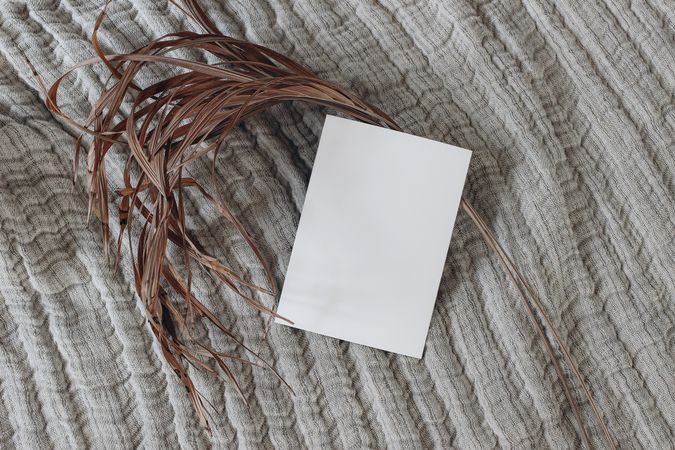Blank greeting card mockup and dry palm leaf on beige linen muslin throw blanket