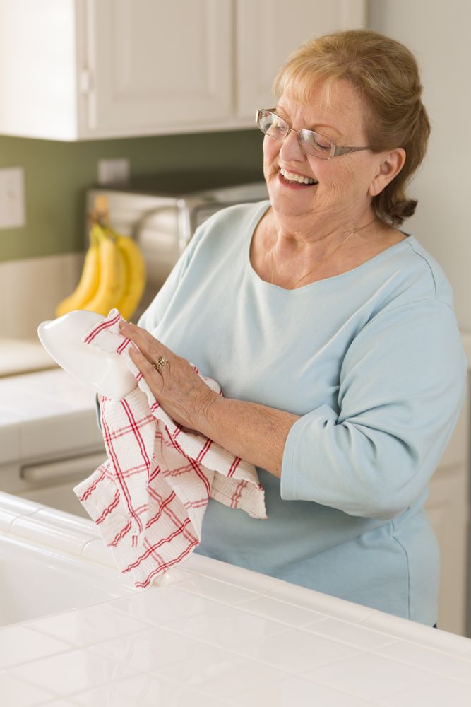 Older Adult Woman Drying Bowl At Sink in Kitchen