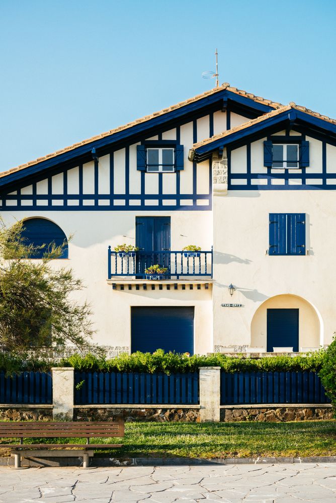Spanish cream and blue building