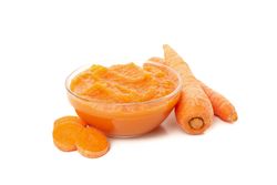 Bowl with healthy baby food isolated on plain background