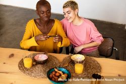 Two women having breakfast together at home 56Oje4