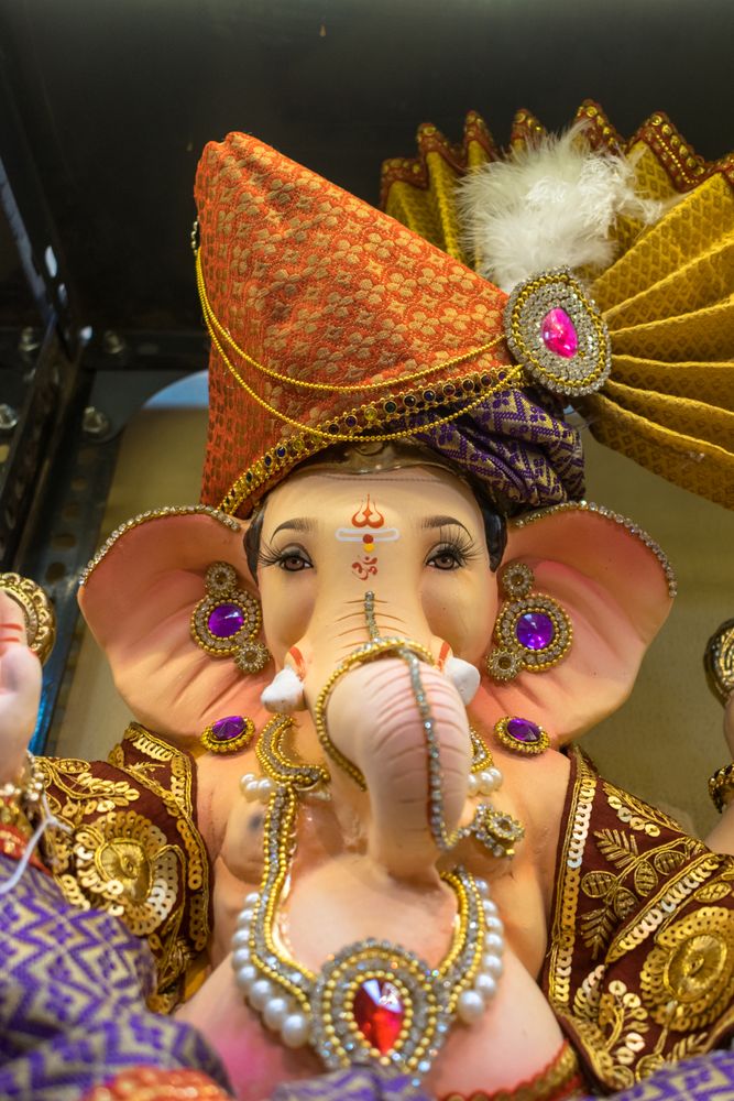 A beautiful idol of Lord Ganpati on display at a workshop in Mumbai, India for the festival of Ganesh Chaturthi
